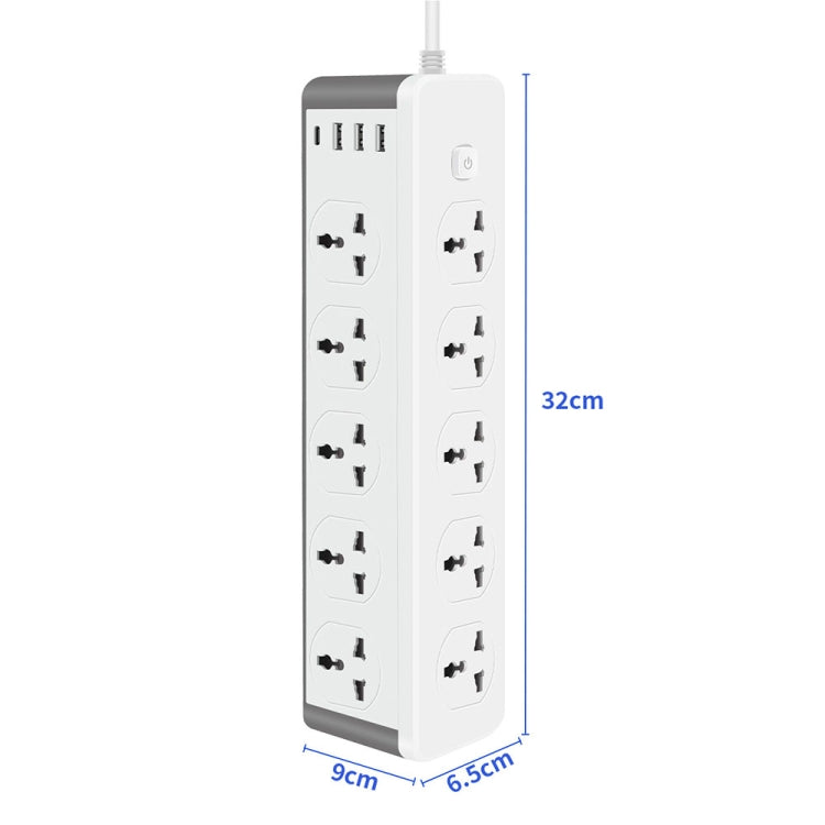 D15 2m 3000W 10 Plugs + PD + 3-USB Ports Vertical Socket With Switch, Specification: Two-pin US Plug - Extension Socket by PMC Jewellery | Online Shopping South Africa | PMC Jewellery | Buy Now Pay Later Mobicred