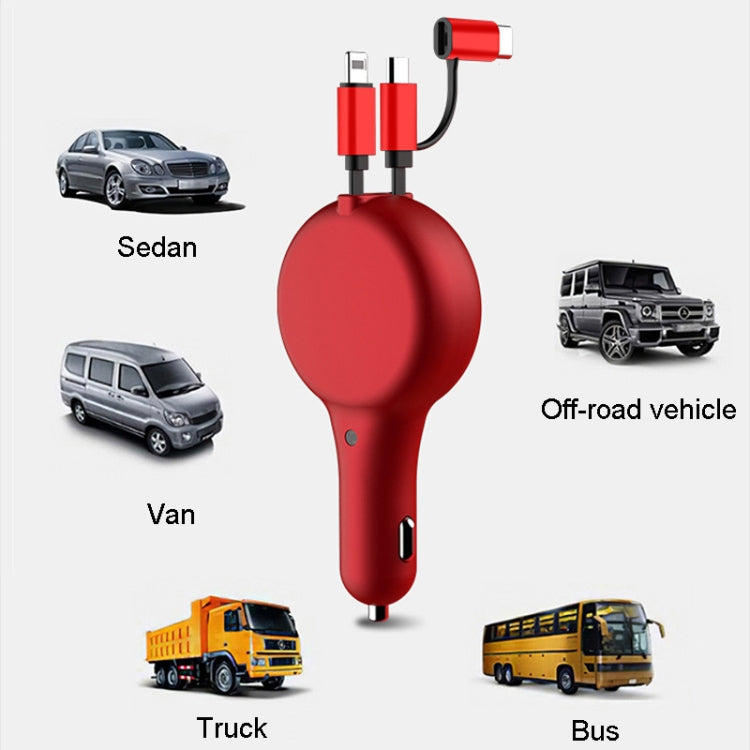 PD18W +QC 3.0 3 In 1 Retractable Car Charger With 8 Pin & Type-C/USB-C & Micro Port(Red) - Car Charger by PMC Jewellery | Online Shopping South Africa | PMC Jewellery | Buy Now Pay Later Mobicred