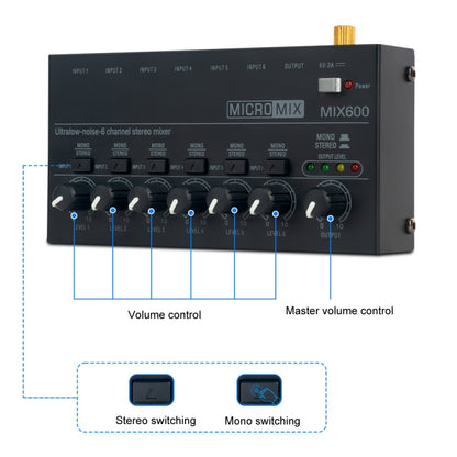 Ultra-Compact Low-Noise 6 Channel Stereo Audio Mixer, US Plug(MIX600) - Live Sound Effects Processors by PMC Jewellery | Online Shopping South Africa | PMC Jewellery | Buy Now Pay Later Mobicred