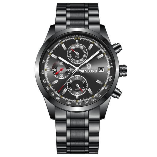 BINBOND B6022 30m Waterproof Luminous Multifunctional Quartz Watch, Color: Black Steel-Black - Metal Strap Watches by BINBOND | Online Shopping South Africa | PMC Jewellery | Buy Now Pay Later Mobicred