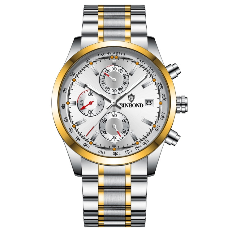 BINBOND B6022 30m Waterproof Luminous Multifunctional Quartz Watch, Color: Inter-Gold-White - Metal Strap Watches by BINBOND | Online Shopping South Africa | PMC Jewellery | Buy Now Pay Later Mobicred