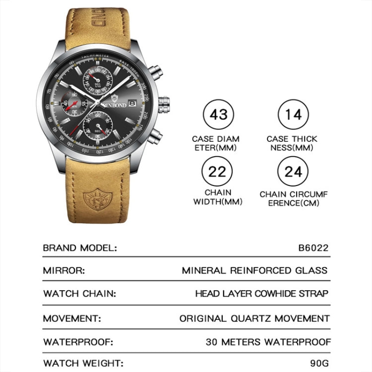 BINBOND B6022 30m Waterproof Luminous Multifunctional Quartz Watch, Color: Inter-Gold-White - Metal Strap Watches by BINBOND | Online Shopping South Africa | PMC Jewellery | Buy Now Pay Later Mobicred