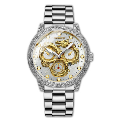 BINBOND B3030 Embossed Dragon Luminous Waterproof Quartz Watch, Color: White Steel-White - Metal Strap Watches by BINBOND | Online Shopping South Africa | PMC Jewellery | Buy Now Pay Later Mobicred