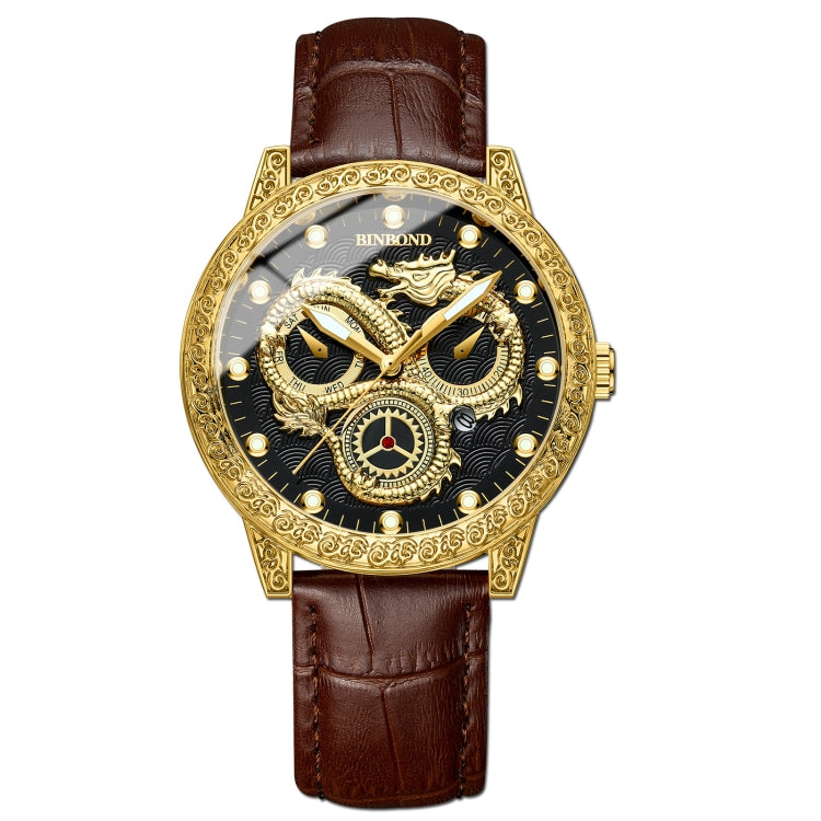 BINBOND B3030 Embossed Dragon Luminous Waterproof Quartz Watch, Color: Brown Leather-Full-gold-Black - Leather Strap Watches by BINBOND | Online Shopping South Africa | PMC Jewellery