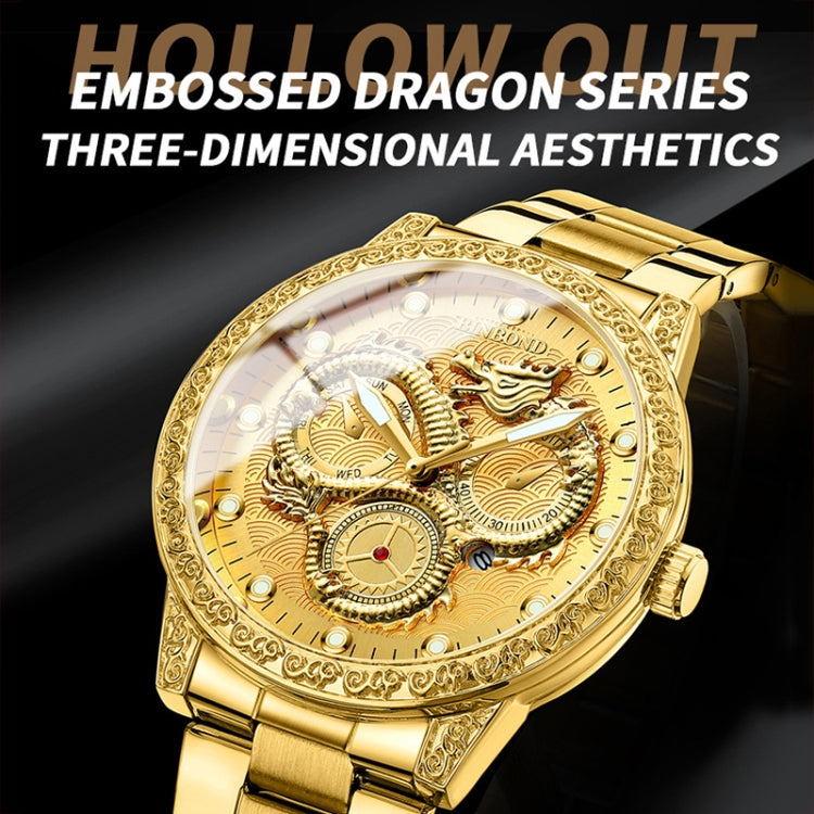 BINBOND B3030 Embossed Dragon Luminous Waterproof Quartz Watch, Color: Brown Leather-Full-gold-Black - Leather Strap Watches by BINBOND | Online Shopping South Africa | PMC Jewellery | Buy Now Pay Later Mobicred