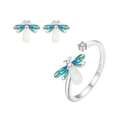 S925 Sterling Silver Platinum Plated Firefly Luminous Ring Earrings, Specification: Ring - Stud Earrings & Earrings by PMC Jewellery | Online Shopping South Africa | PMC Jewellery