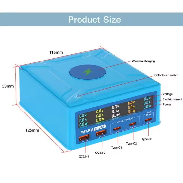 RELIFE RL-304R 5-Port 260W GaN Smart USB Fast Charger With 15W Wireless Chargind LCD Display(EU Plug) - Multifunction Charger by RELIFE | Online Shopping South Africa | PMC Jewellery | Buy Now Pay Later Mobicred