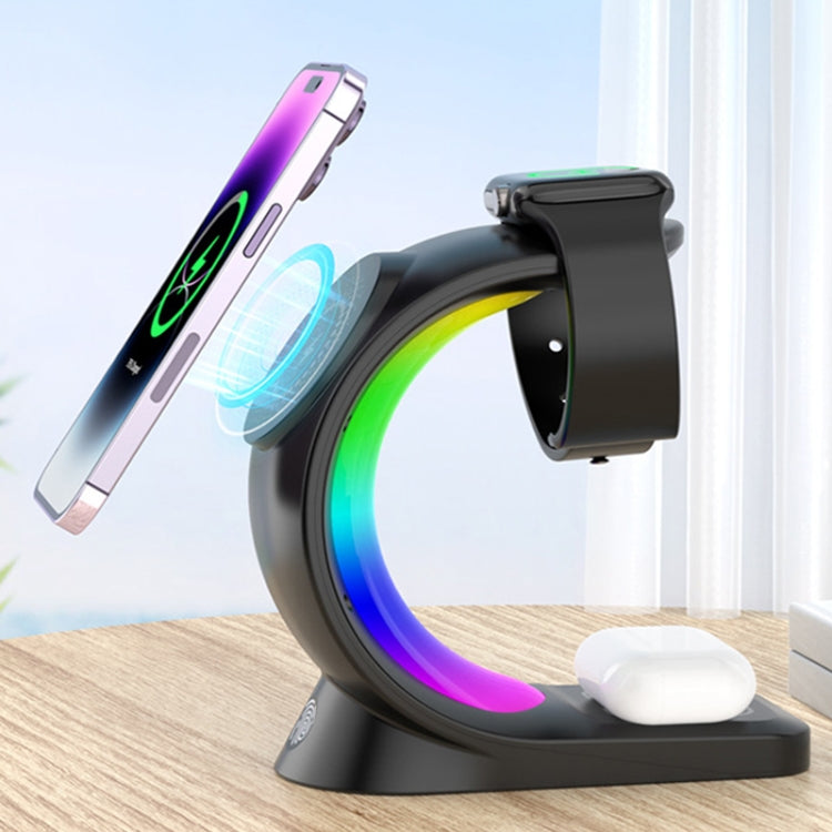 T17 3-in-1 RGB Atmosphere Light MagSafe Phone Watch Earphone Wireless Charger, Color: White with EU Plug - Wireless Charger by PMC Jewellery | Online Shopping South Africa | PMC Jewellery | Buy Now Pay Later Mobicred