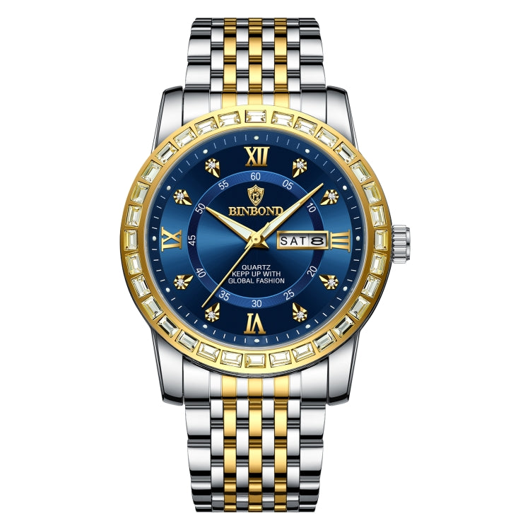 BINBOND B2202 Diamond Dual-calendar Luminous Quartz Watch, Color: Inter-gold-Blue - Metal Strap Watches by BINBOND | Online Shopping South Africa | PMC Jewellery | Buy Now Pay Later Mobicred