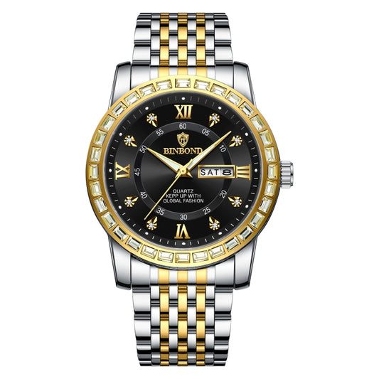 BINBOND B2202 Diamond Dual-calendar Luminous Quartz Watch, Color: Inter-gold-Black - Metal Strap Watches by BINBOND | Online Shopping South Africa | PMC Jewellery | Buy Now Pay Later Mobicred