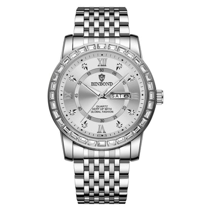 BINBOND B2202 Diamond Dual-calendar Luminous Quartz Watch, Color: White Steel-White - Metal Strap Watches by BINBOND | Online Shopping South Africa | PMC Jewellery | Buy Now Pay Later Mobicred