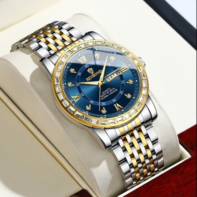 BINBOND B2202 Diamond Dual-calendar Luminous Quartz Watch, Color: Inter-gold-Blue - Metal Strap Watches by BINBOND | Online Shopping South Africa | PMC Jewellery | Buy Now Pay Later Mobicred