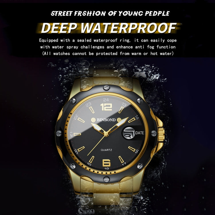 BINBOND B9696 Outdoor Calendar Luminous Waterproof Quartz Watch, Color: Full Gold-Black-Gold Nail - Metal Strap Watches by BINBOND | Online Shopping South Africa | PMC Jewellery | Buy Now Pay Later Mobicred