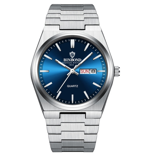 BINBOND B102 Dual-calendar Leisure Waterproof Luminous Quartz Watch, Color: White Steel-Blue - Metal Strap Watches by BINBOND | Online Shopping South Africa | PMC Jewellery | Buy Now Pay Later Mobicred