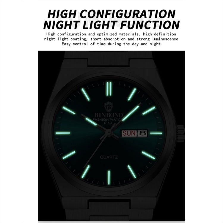 BINBOND B102 Dual-calendar Leisure Waterproof Luminous Quartz Watch, Color: Inter-Rose-Gold-Black - Metal Strap Watches by BINBOND | Online Shopping South Africa | PMC Jewellery | Buy Now Pay Later Mobicred