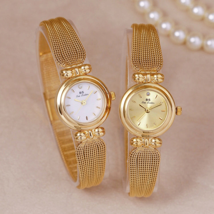 BS Bee Sister 22mm Retro Female Wrist Watch with Stainless Steel Mesh Butterfly Design Strap(Golden White) - Metal Strap Watches by BS Bee Sister | Online Shopping South Africa | PMC Jewellery | Buy Now Pay Later Mobicred