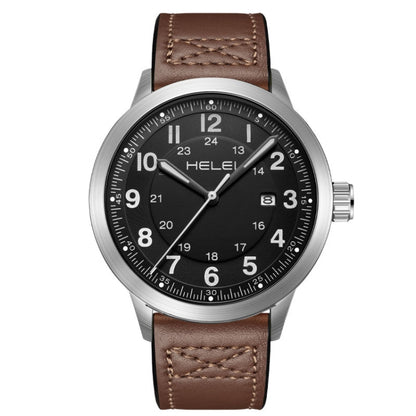 HELEI H9031B-L Men Quartz Watch Waterproof Outdoor Sports Watch(Silver Black Coffee) - Leather Strap Watches by HELEI | Online Shopping South Africa | PMC Jewellery | Buy Now Pay Later Mobicred