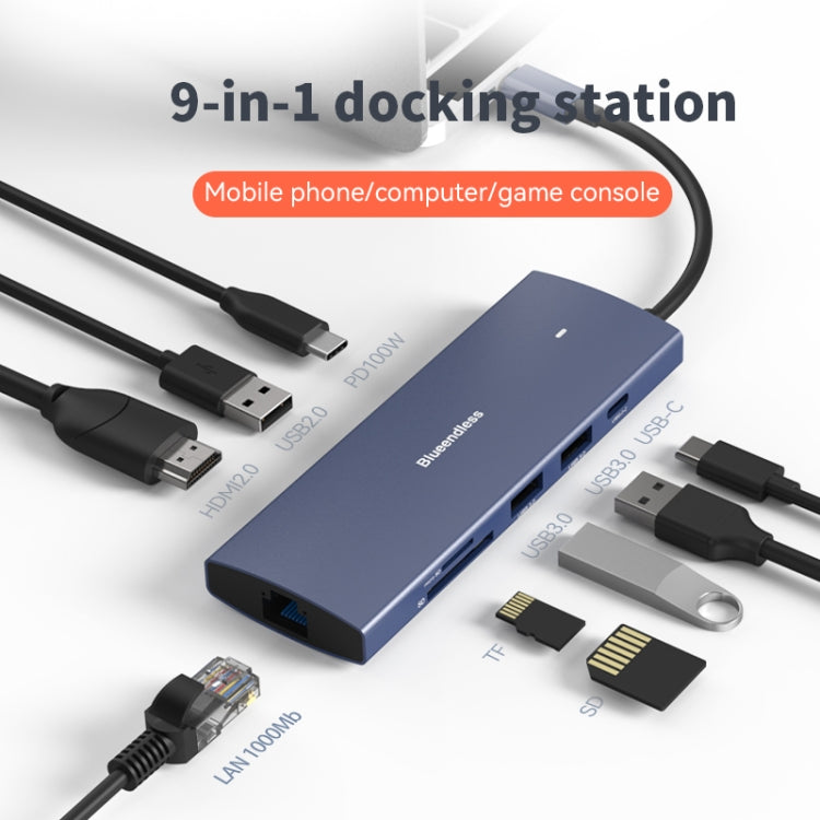 Blueendless 4K60Hz + Gigabit LAN + Data Type-C Docking Station, Spec: 9-in-1 Reading Card Blue - USB HUB by Blueendless | Online Shopping South Africa | PMC Jewellery | Buy Now Pay Later Mobicred