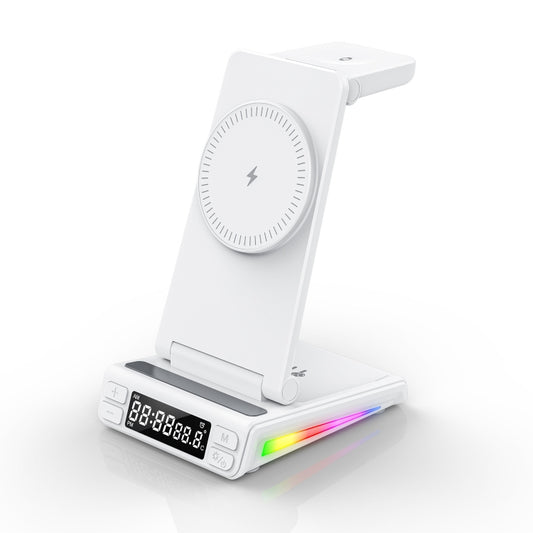 5-in-1 Desktop Magnetic Wireless Charger with Clock and Temperature Display for Smartphones / Watches / Earphones(White) - Wireless Charger by PMC Jewellery | Online Shopping South Africa | PMC Jewellery | Buy Now Pay Later Mobicred