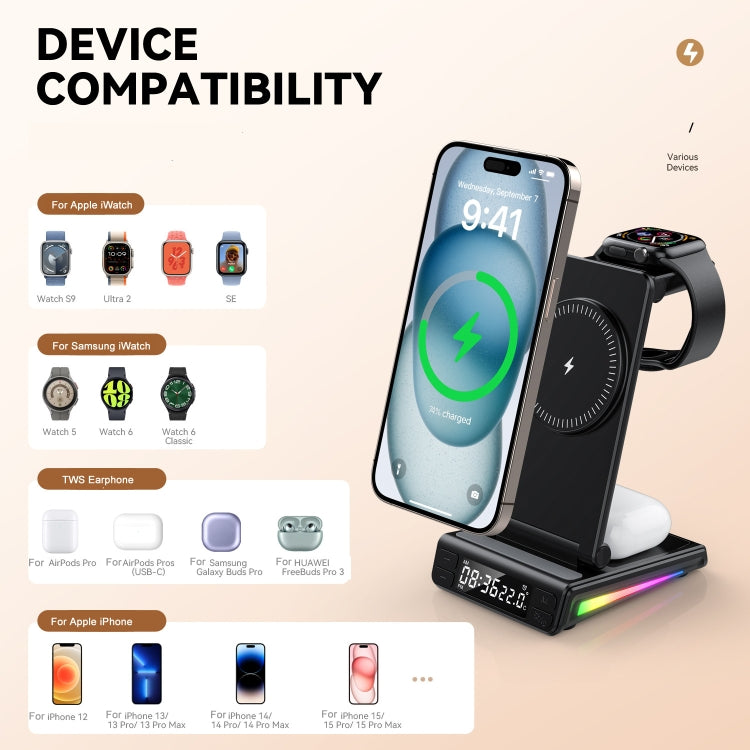 5-in-1 Desktop Magnetic Wireless Charger with Clock and Temperature Display for Smartphones / Watches / Earphones(Black) - Wireless Charger by PMC Jewellery | Online Shopping South Africa | PMC Jewellery | Buy Now Pay Later Mobicred