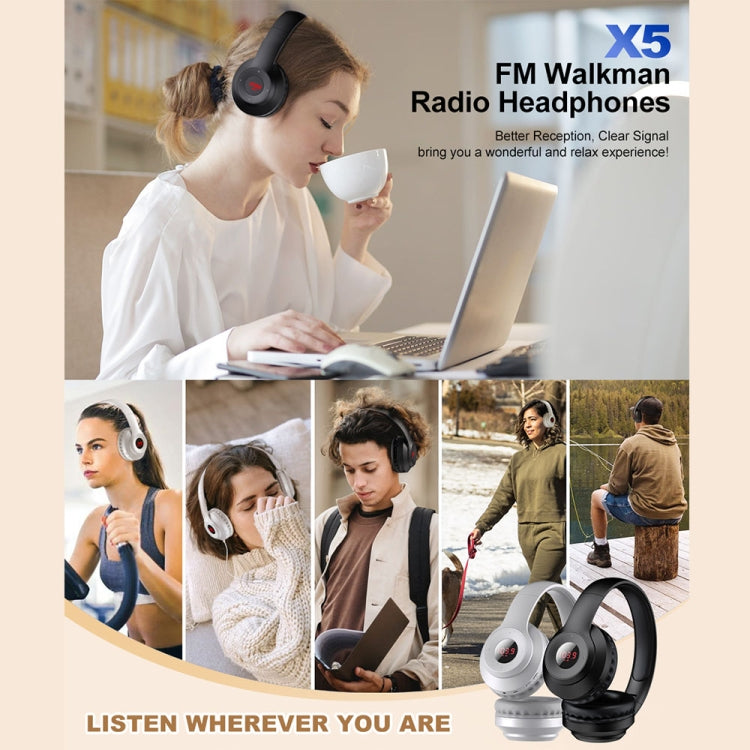 X5 Portable Digital Display Folding Headset FM Radio Headphones, Color: Bluetooth White - Radio Player by PMC Jewellery | Online Shopping South Africa | PMC Jewellery | Buy Now Pay Later Mobicred