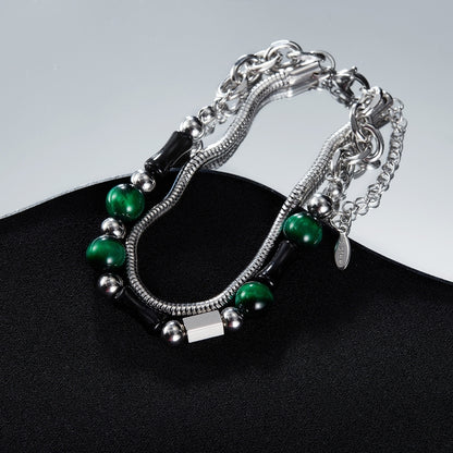 OPK GS1551 Vintage Double Layers Stacked Green Tiger Stone Bamboo Stainless Steel Strings - Bracelets by OPK | Online Shopping South Africa | PMC Jewellery | Buy Now Pay Later Mobicred