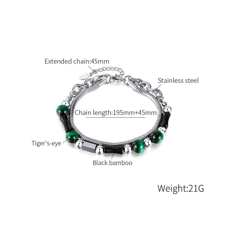 OPK GS1551 Vintage Double Layers Stacked Green Tiger Stone Bamboo Stainless Steel Strings - Bracelets by OPK | Online Shopping South Africa | PMC Jewellery | Buy Now Pay Later Mobicred