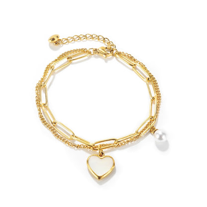 OPK 1106 Cold Style Personalized Double Layer Temperament Peach Heart Pearl Stainless Steel Bracelet, Color: Gold - Bracelets by OPK | Online Shopping South Africa | PMC Jewellery | Buy Now Pay Later Mobicred