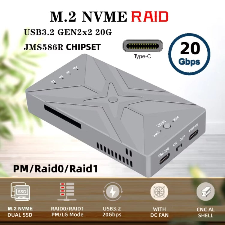 Dual M.2 NVME SSD RAID Array Mobile Hard Drive Enclosure Type-C USB3.2 GEN2x2 20G 586R(Dark Gray) - HDD Enclosure by PMC Jewellery | Online Shopping South Africa | PMC Jewellery | Buy Now Pay Later Mobicred