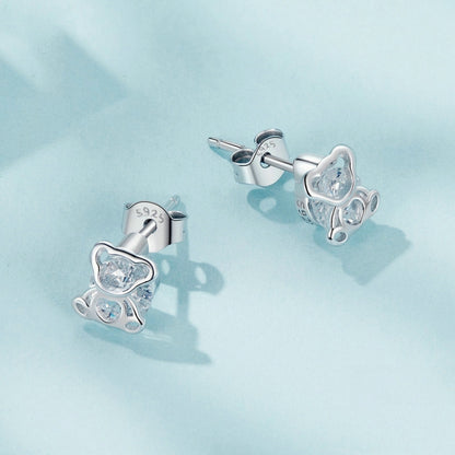 S925 Sterling Silver Platinum-plated Cute Bear Zircon Earrings(SCE1764) - Stud Earrings & Earrings by PMC Jewellery | Online Shopping South Africa | PMC Jewellery | Buy Now Pay Later Mobicred