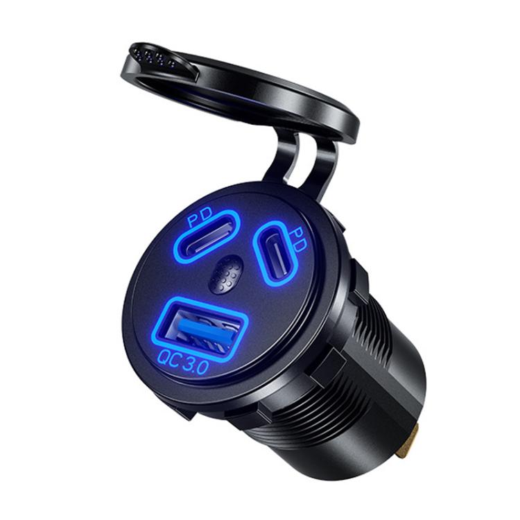 Kewig P22A 12-24V Vehicle Motorcycle Boat Modified Dual PD+QC3.0 3-Port Car Charger With Switch, Style: With Terminal(Blue Light) - Car Charger by Kewig | Online Shopping South Africa | PMC TechLife | Buy Now Pay Later Mobicred