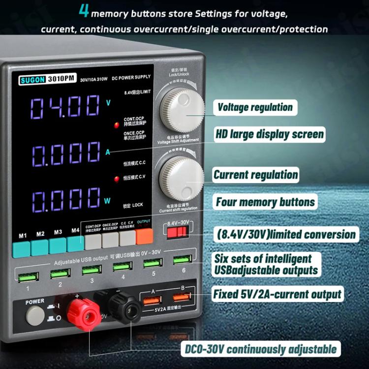 SUGON 3010PM 150W 30V 10A 4 Digital Display Cell Phone Repair Power Meter US Plug - free shipping - PMC TechLife - Order now!