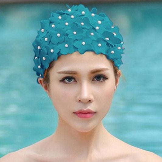 Pearl Three-dimensional Handmade Flower Swimming Cap for Women(Lake Blue) - Swimming Caps by PMC Jewellery | Online Shopping South Africa | PMC Jewellery | Buy Now Pay Later Mobicred