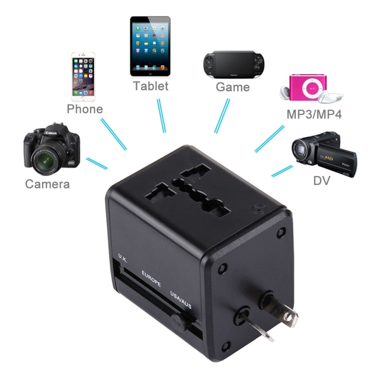 World-Wide Universal Travel Concealable Plugs Adapter with & Built-in Dual USB Ports Charger for US, UK, AU, EU(Black) - Plug Adaptor by PMC Jewellery | Online Shopping South Africa | PMC Jewellery | Buy Now Pay Later Mobicred