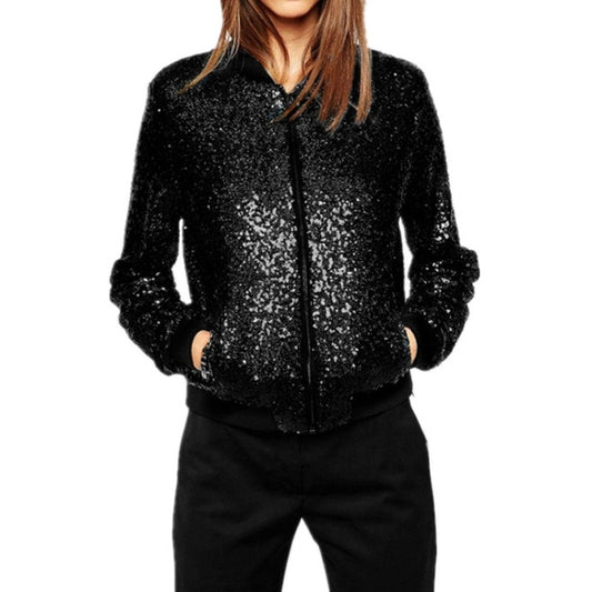 Women Wild Casual Sequin Jacket Short Coat (Color:Black Size:XL) - Jacket & Loose Coat by PMC Jewellery | Online Shopping South Africa | PMC Jewellery