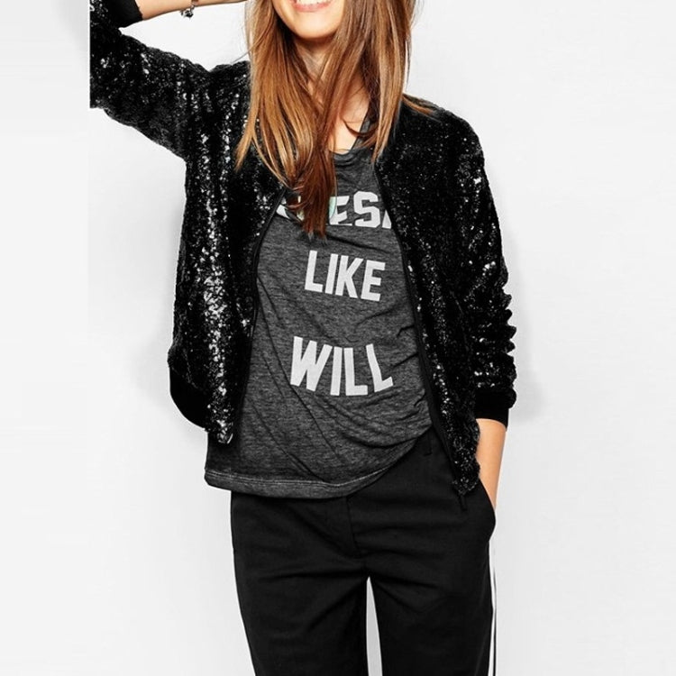 Women Wild Casual Sequin Jacket Short Coat (Color:Black Size:XL) - Jacket & Loose Coat by PMC Jewellery | Online Shopping South Africa | PMC Jewellery