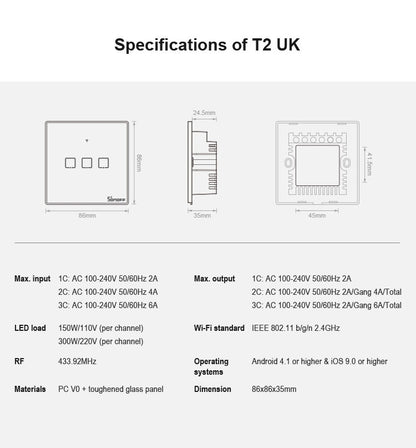 Sonoff T2 Touch 86mm Tempered Glass Panel Wall Switch Smart Home Light Touch Switch, Compatible with Alexa and Google Home, AC 100V-240V, UK Plug - Smart Switch by PMC Jewellery | Online Shopping South Africa | PMC Jewellery