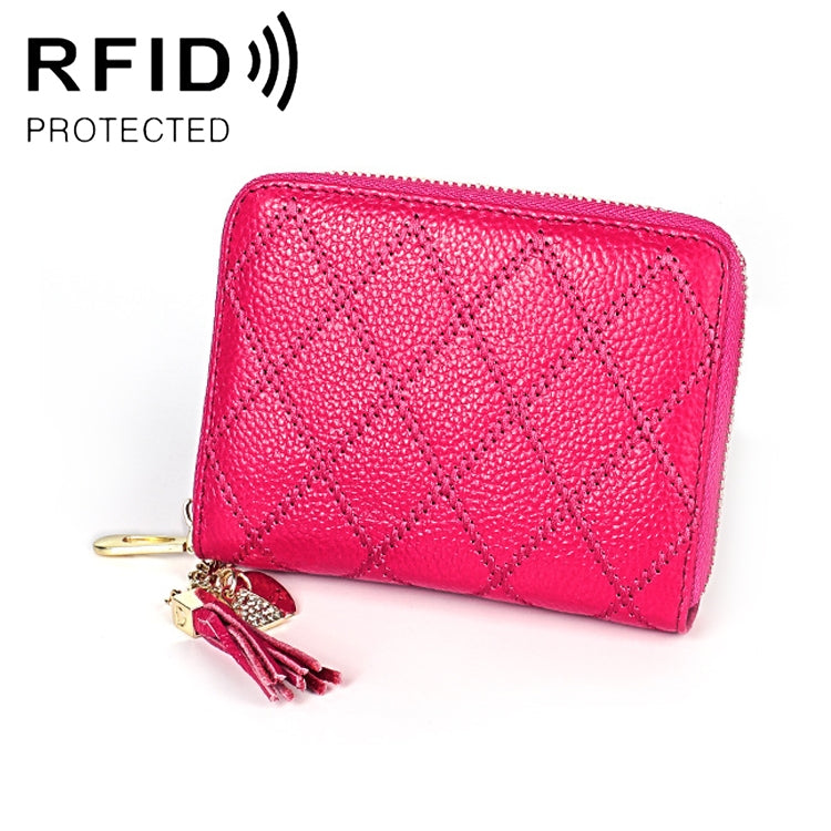 KB213 Diamond Texture Zipper Cowhide Leather Double Row Organ Shape Multiple Card Slots Anti-magnetic RFID Wallet Clutch Bag for Ladies (Rose Red) - Antimagnetic RFID Package by PMC Jewellery | Online Shopping South Africa | PMC Jewellery | Buy Now Pay Later Mobicred