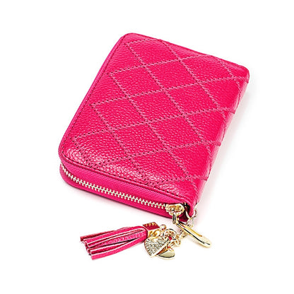 KB213 Diamond Texture Zipper Cowhide Leather Double Row Organ Shape Multiple Card Slots Anti-magnetic RFID Wallet Clutch Bag for Ladies (Rose Red) - Antimagnetic RFID Package by PMC Jewellery | Online Shopping South Africa | PMC Jewellery | Buy Now Pay Later Mobicred