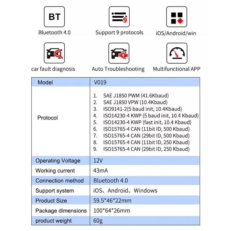 V019 OBD2 Scanner Bluetooth 4.0 ELM327 Car Diagnostic Tool - Code Readers & Scan Tools by PMC TechLife | Online Shopping South Africa | PMC TechLife