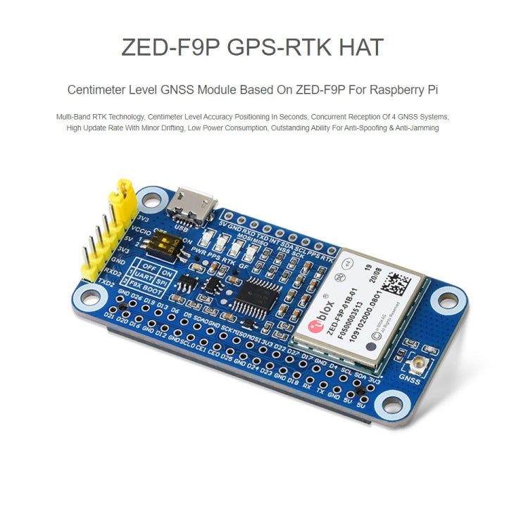 Waveshare ZED-F9P GPS-RTK HAT Centimeter Level Accuracy Multi-Band RTK Differential GPS Module for Raspberry Pi - Modules Expansions Accessories by WAVESHARE | Online Shopping South Africa | PMC Jewellery