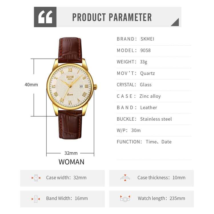 SKMEI 9058 Multifunctional Outdoor Fashion Waterproof Gold Shell Quartz Wrist Watch(Women Style Silver Face Brown Strap) - Leather Strap Watches by SKMEI | Online Shopping South Africa | PMC Jewellery | Buy Now Pay Later Mobicred