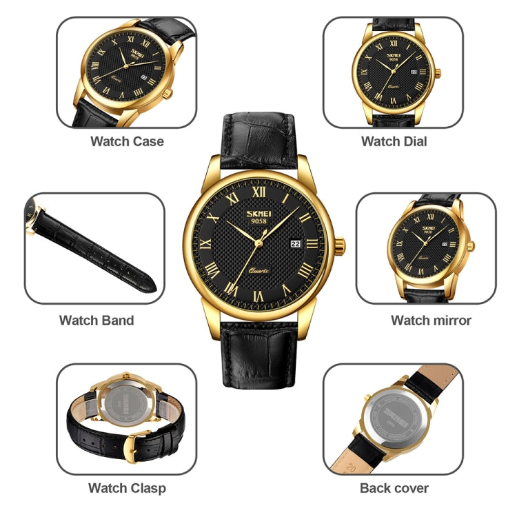 SKMEI 9058 Multifunctional Outdoor Fashion Waterproof Gold Shell Quartz Wrist Watch(Women Style Silver Face Brown Strap) - Leather Strap Watches by SKMEI | Online Shopping South Africa | PMC Jewellery | Buy Now Pay Later Mobicred