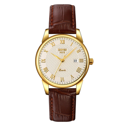 SKMEI 9058 Multifunctional Outdoor Fashion Waterproof Gold Shell Quartz Wrist Watch(Women Style Silver Face Brown Strap) - Leather Strap Watches by SKMEI | Online Shopping South Africa | PMC Jewellery | Buy Now Pay Later Mobicred