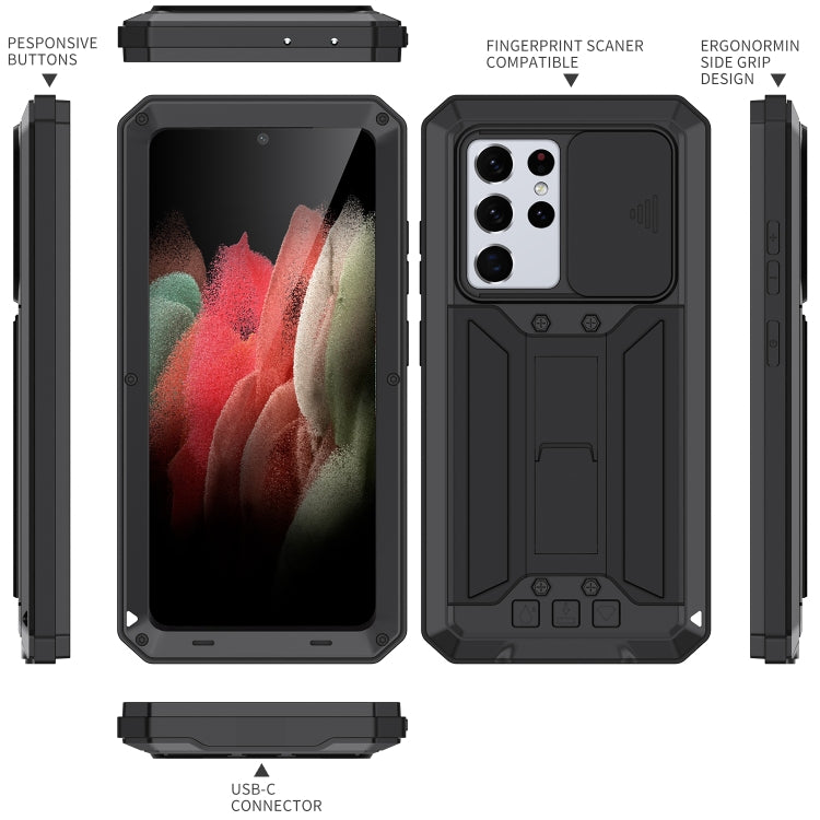 For Samsung Galaxy S21 Ultra 5G R-JUST Sliding Lens Cover Shockproof Dustproof Waterproof Metal + Silicone Case with Invisible Holder(Black) - Galaxy S21 Ultra 5G Cases by R-JUST | Online Shopping South Africa | PMC Jewellery | Buy Now Pay Later Mobicred