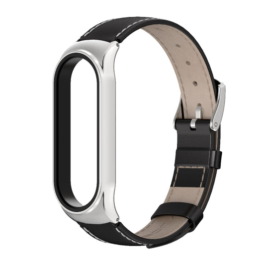 For Xiaomi Mi Band 6 / 5 / 4 / 3 Mijobs CS First Layer Cowhide Watch Band(Black + Silver) - Watch Bands by MIJOBS | Online Shopping South Africa | PMC Jewellery | Buy Now Pay Later Mobicred