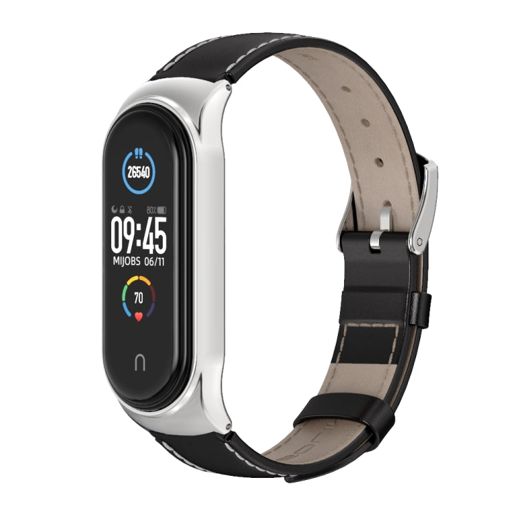 For Xiaomi Mi Band 6 / 5 / 4 / 3 Mijobs CS First Layer Cowhide Watch Band(Black + Silver) - Watch Bands by MIJOBS | Online Shopping South Africa | PMC Jewellery | Buy Now Pay Later Mobicred