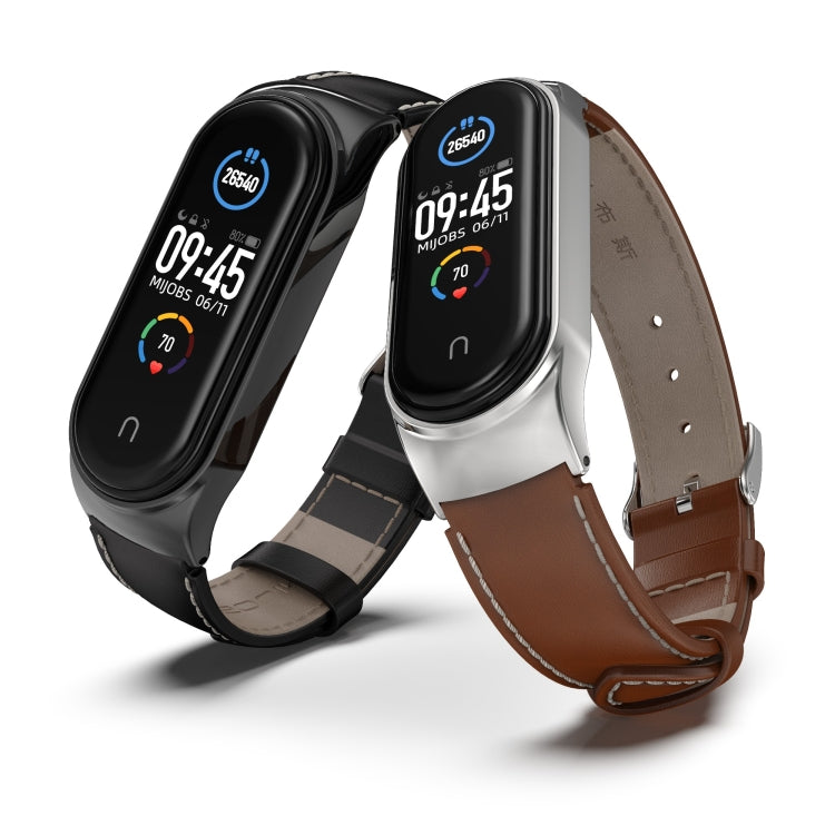 For Xiaomi Mi Band 6 / 5 / 4 / 3 Mijobs CS First Layer Cowhide Watch Band(Black + Silver) - Watch Bands by MIJOBS | Online Shopping South Africa | PMC Jewellery | Buy Now Pay Later Mobicred