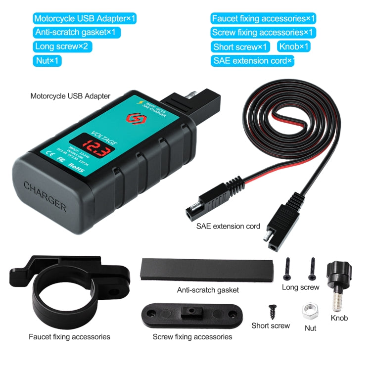 WUPP ZH-1422A2 DC12-24V Motorcycle Square Dual USB Fast Charging Charger with Switch + Voltmeter + Integrated SAE Socket + 1m SAE Socket Cable - Battery Charger by WUPP | Online Shopping South Africa | PMC Jewellery | Buy Now Pay Later Mobicred