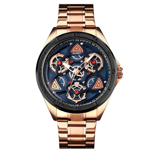 SKMEI 1678 Men Waterproof Quartz Watch with Rotatable Gear Dial(Rose Gold Shell Blue Surface) - Metal Strap Watches by SKMEI | Online Shopping South Africa | PMC Jewellery | Buy Now Pay Later Mobicred